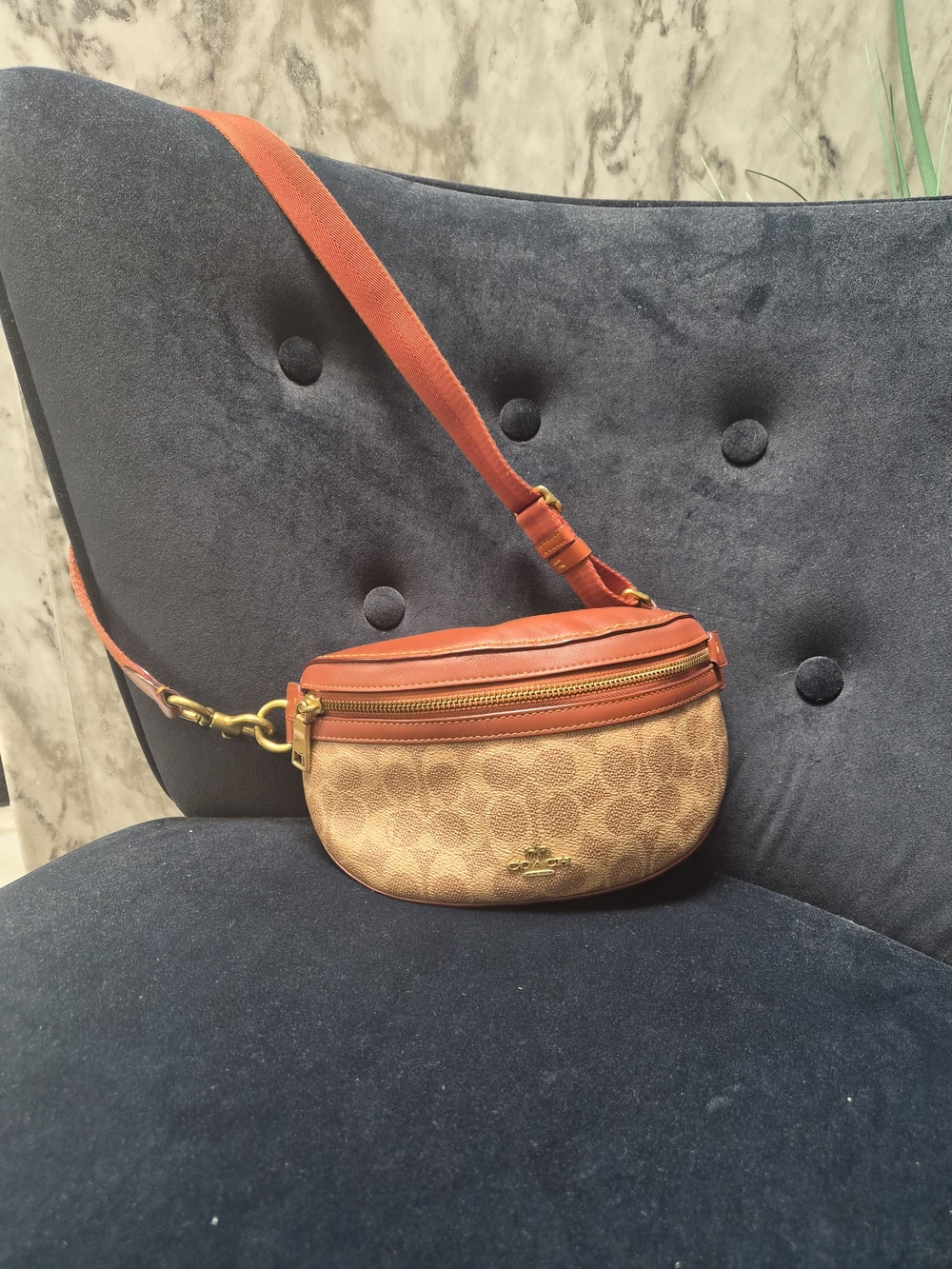 Coach Tan Signature Canvas Crossbody with Orange Leather Trim